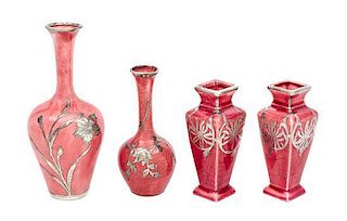 * A Group of Four Ceramic Silver Overlay Cabinet Vases Height of tallest 5 1/2 inches.
