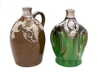 * Two Musical Ceramic Silver Overlay Jugs Height of taller 8 7/8 inches.