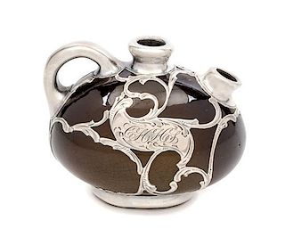 * A Weller Louwelsa Silver Overlay Diminutive Pitcher Width 3 1/2 inches.
