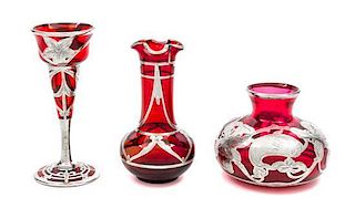 * A Group of Three Silver Overlay Glass Articles Height of cordial glass 5 inches.