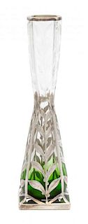 * A Silver Overlay Wheel Cut Glass Vase Height 8 inches.
