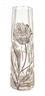 * A Silver Overlay Wheel Cut Glass Vase Height 8 1/4 inches.