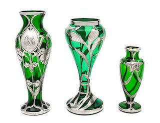 * Three Silver Overlay Glass Vases Height of tallest 8 inches.
