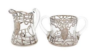 * A Silver Overlay Glass Creamer and Sugar Set Height of creamer 4 1/8 inches.