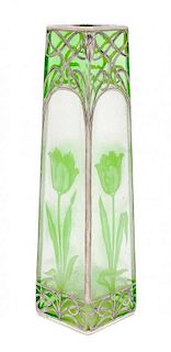* An Art Nouveau Cameo and Frosted Silver Overlay Glass Vase Height 11 inches.