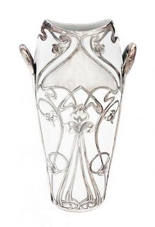 * An Art Nouveau Rudolstadt Silver Overlay Porcelain Vase Height 9 1/2 inches.