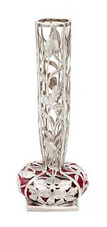 * An Art Nouveau Silver Overlay Glass Vase Height 7 7/8 inches.