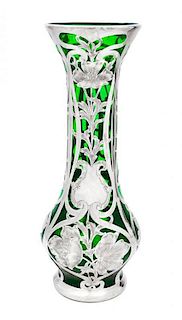 * An Art Nouveau Silver Overlay Vase Height 13 7/8 inches.