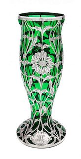* An Art Nouveau Silver Overlay Vase Height 11 3/4 inches.