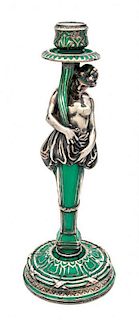 * An Art Nouveau Silver Overlay Figural Candlestick Height 13 1/4 inches.