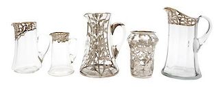 * A Group of Five Silver Overlay Glass Table Articles Height of tallest 10 inches.
