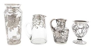* A Group of Four Silver Overlay Glass Articles Height of tallest 8 1/4 inches.