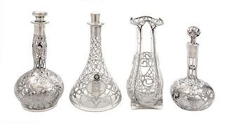 * A Group of Four Silver Overlay Glass Articles Height of tallest 9 inches.