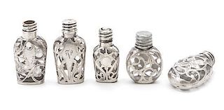 * A Group of Five Silver Overlay Glass Scent Flasks Height of tallest 2 3/4 inches.