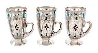 * Three Art Nouveau Enameled and Silver Overlay Glass Mugs Height 5 1/4 inches.