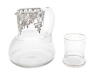 * A Silver Overlay Glass Pitcher and Cup Height of pitcher 6 5/8 inches.