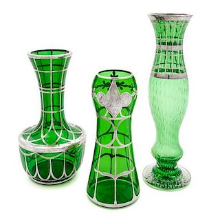 * Three Silver Overlay Glass Vases Height of tallest 9 1/2 inches.