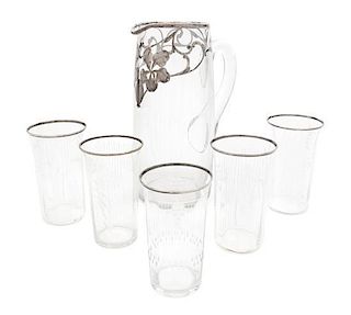 * A Collection of Silver Overlay Glass Barware Height of pitcher 10 1/4 inches.