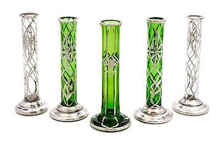 * Five Silver Overlay Glass Bud Vases Height 6 3/8 inches.