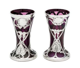 * A Near Pair of Iridescent Silver Overlay Glass Vases, likely Austrian Height 4 1/8 inches.