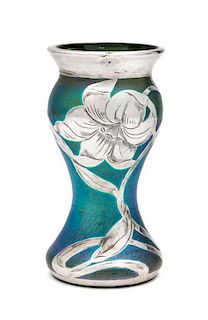 * A Loetz Silver Overlay Glass Vase Height 4 1/2 inches.