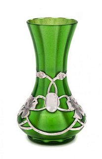 * A Loetz Silver Overlay Grun Metallin Glass Vase Height 5 inches.