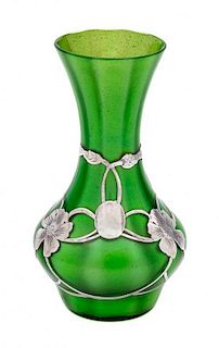 * A Loetz Silver Overlay Grun Metallin Glass Vase Height 6 inches.