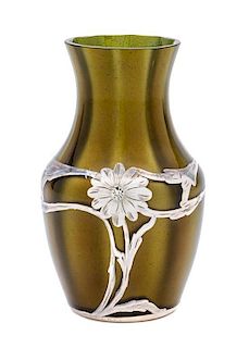 * A Loetz Silver Overlay Metallin Glass Vase Height 4 1/2 inches.