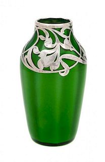 * A Loetz Silver Overlay Grun Metallin Glass Vase Height 6 1/2 inches.