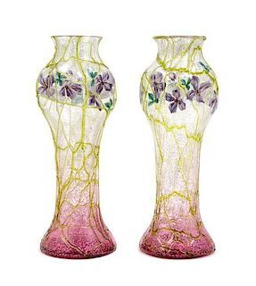 Two Austrian Iridescent Glass Vases Height 10 3/4 inches.