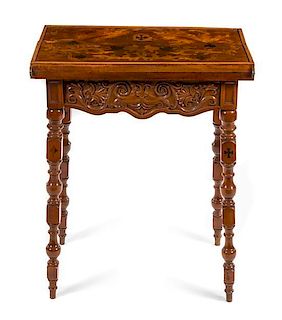 An Emile Galle Marquetry Fold-Over Card Table Height 30 x width 25 1/4 x depth 15 1/4 inches (closed).