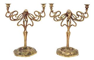 * A Pair of Art Nouveau Cast Metal Two-Light Candelabra Height 17 inches.