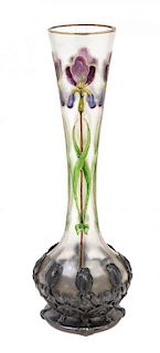 * An Art Nouveau Enameled Glass Vase Height 12 3/4 inches.