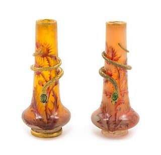 * A Pair of Gilt Metal Mounted French Cameo Glass Cabinet Vases, likely Daum Height 5 inches.
