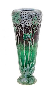 * A Daum Enameled Cameo Glass Landscape Vase Height 7 3/8 inches.