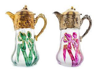 * A Pair of French Art Nouveau Gilt Metal Mounted Enameled Cameo Glass Wine Carafes Height 11 1/2 inches.