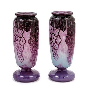 * A Pair of Le Verre Francais Cameo Glass Vases Height 6 5/8 inches.
