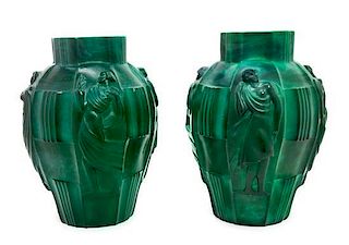 A Pair of Art Deco Glass Vases Height 9 3/4 inches.