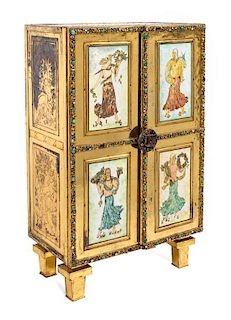 A Continental Jeweled and Enamel Inset Silvered Side Cabinet Height 33 1/2 x width 20 3/4 x depth 12 1/4 inches.