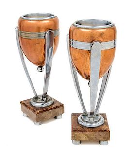 A Pair of Art Deco Silvered Metal and Copper Urns Height 11 7/8 inches.