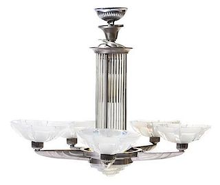 A French Art Deco Opalescent Glass Mounted Chandelier Height 21 inches.