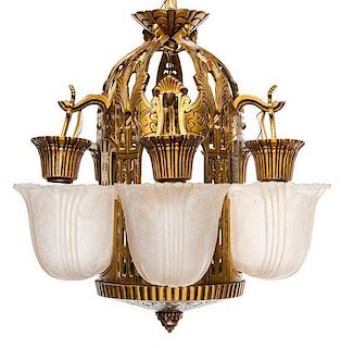 * An American Art Deco Gilt Metal and Frosted Glass Five-Light Chandelier, Biddle Co. Heigth 14 inches.