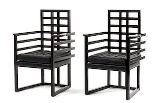 * A Matched Pair of Josef Hoffmann for Wittmann Ebonized Wood Arm Chairs Height 38 x width 26 x depth 20 inches.