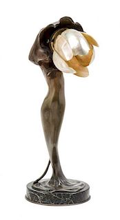 An Art Nouveau Bronze and Shell Figural Lamp, Gyula Betlen (1879-1962) Height 25 3/4 inches.