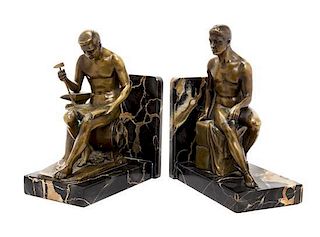 A Pair of Continental Figural Bronze and Marble Bookends Width of each overall 7 inches.