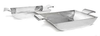 A Pair of English Silver Trays, Paul Belvoir, London, 1986, of rectangular form with trapezoidal handles.