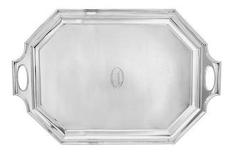 An American Art Deco Silver Serving Tray, Gorham Mfg. Co., Providence, RI, 1931, centered by a monogrammed O.
