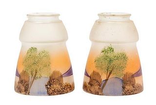 * A Pair of Obverse Decorated Glass Shades Height 5 inches.