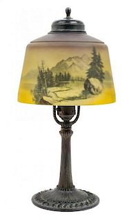 * An American Reverse Painted Boudoir Lamp Diameter of shade 7 inches.