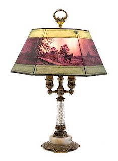 A Pairpoint Reverse Painted Table Lamp Width of shade 15, height overall 24 1/2 inches.